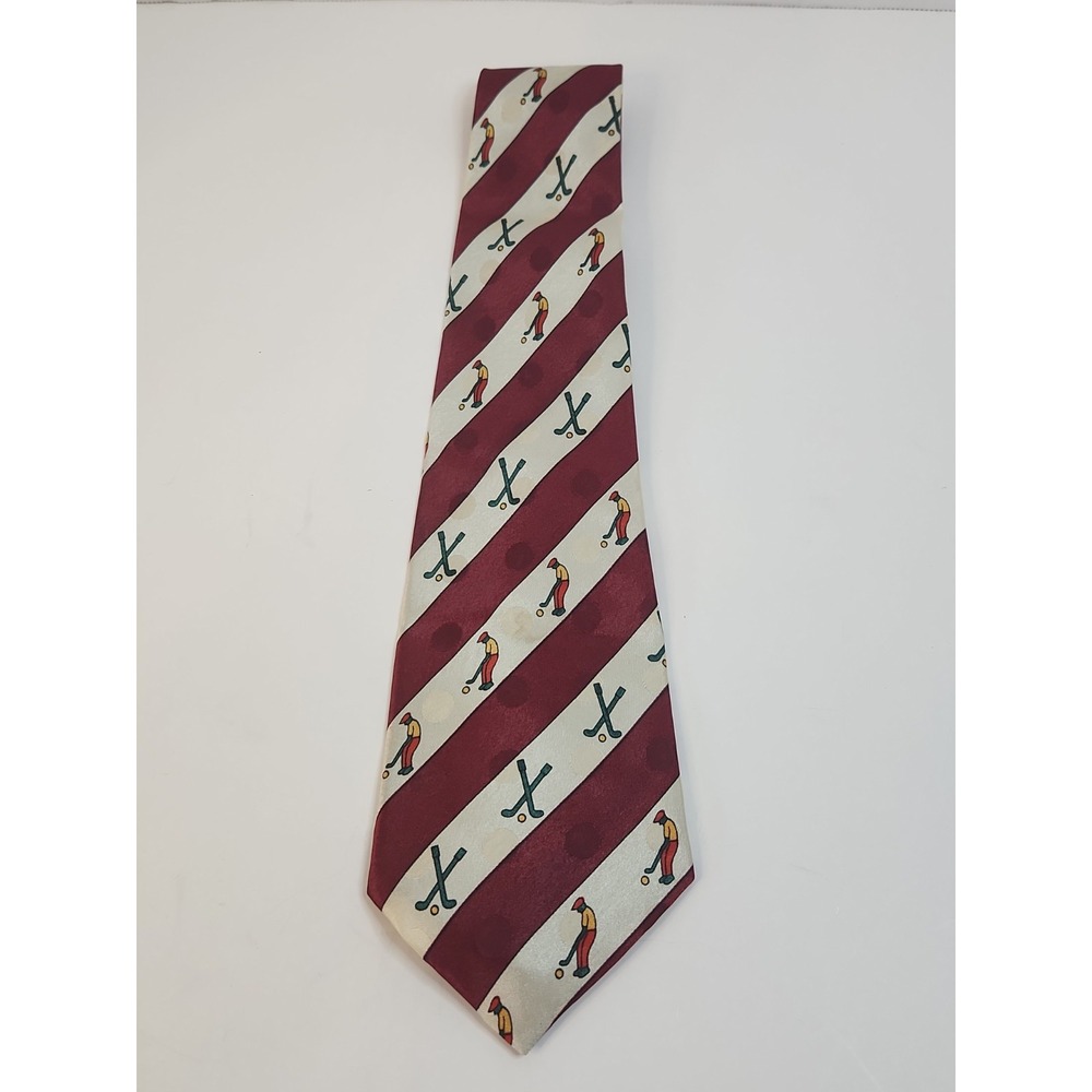 Vintage Enigma Hand Made Golf Tie Red Cream Striped Novelty Polyester Necktie